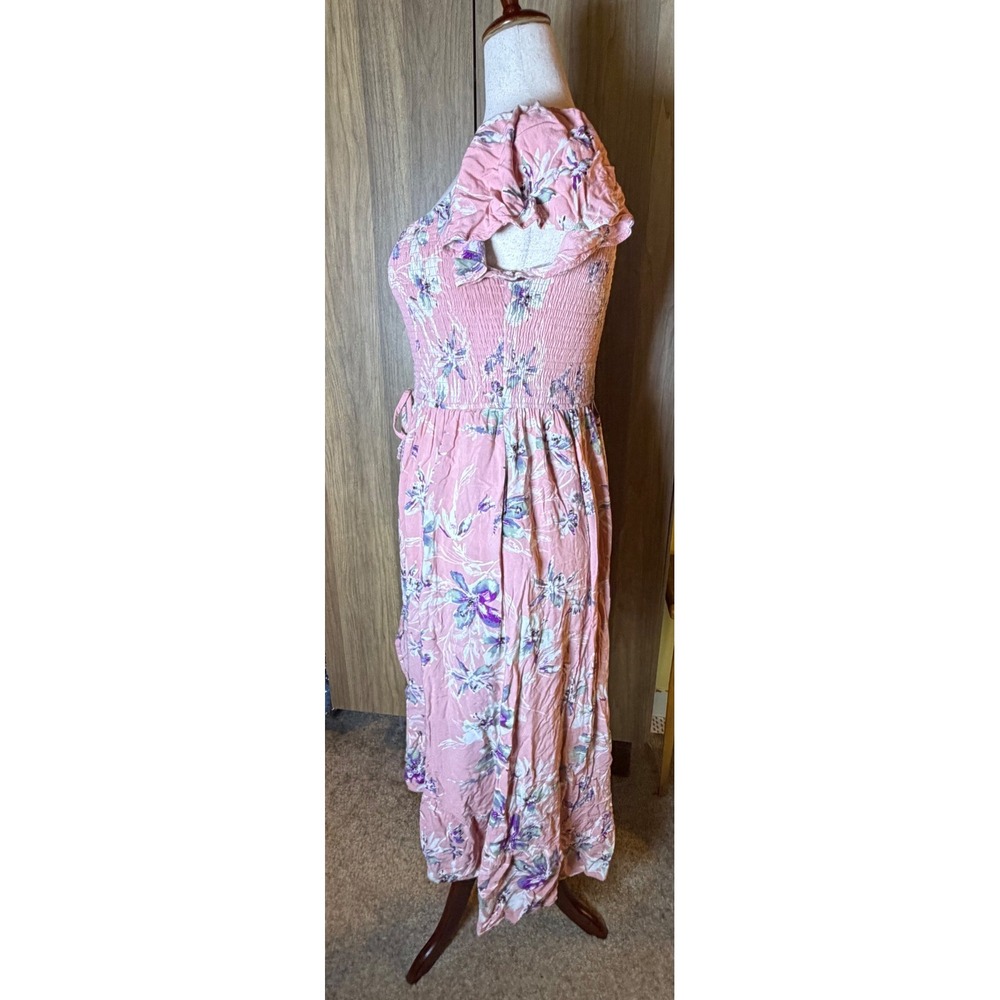 K298. Cottagecore Boho Smocked Midi Dress Button Front High Low Tulip Hem - Picture 4 of 6